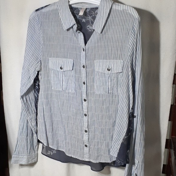 Free People shirt blue and white stripe navy floral top small s summer blouse - Picture 3 of 8